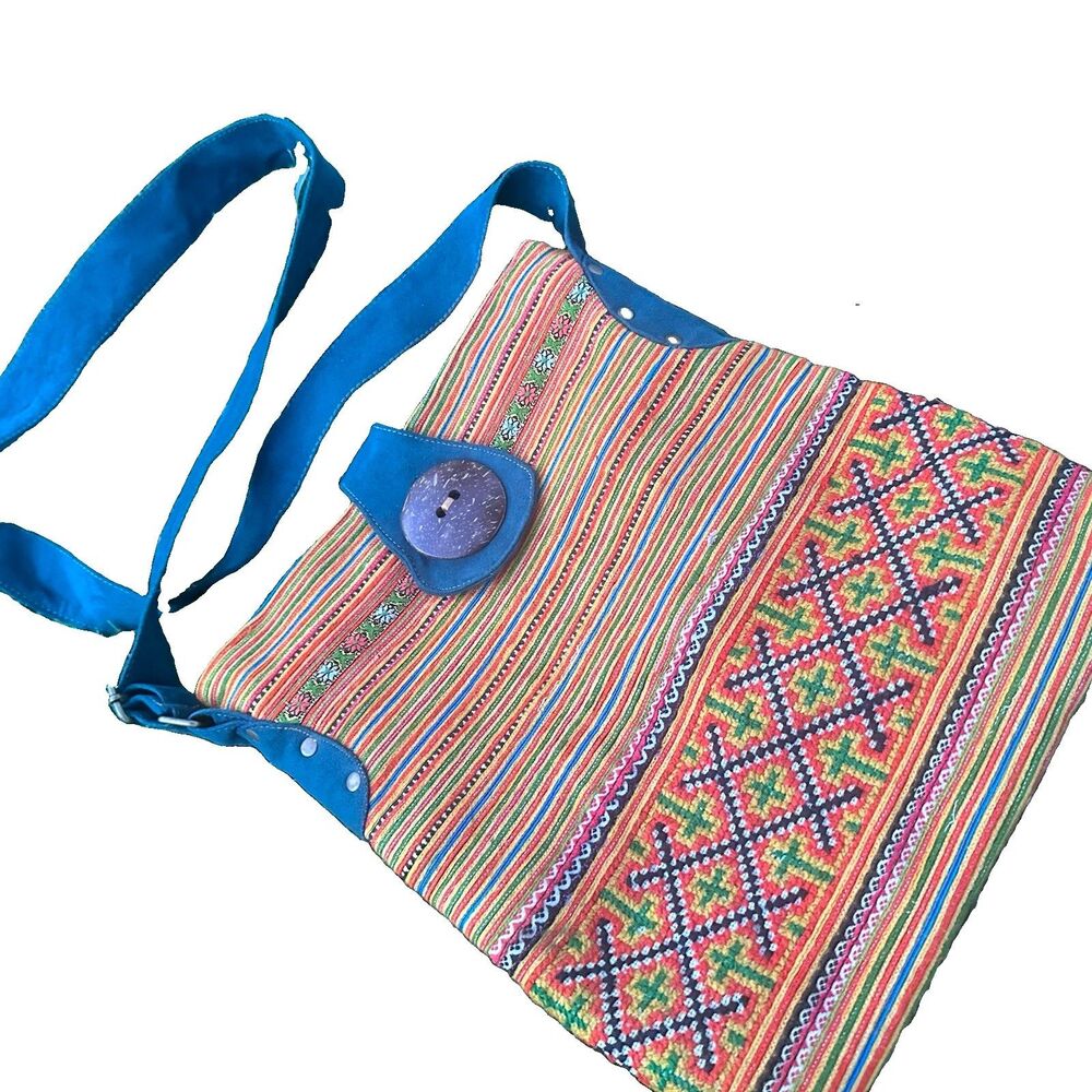 Multicolor Woven Boho Crossbody Bag Geometric Festival Purse Teal Trim